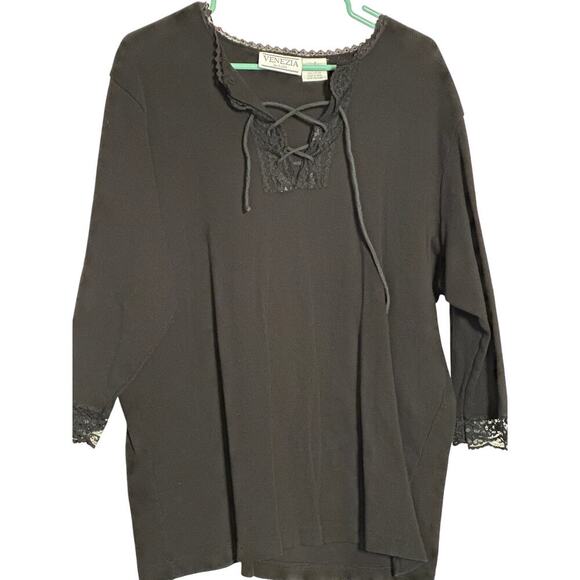 Plus Size Black Top with Lace Detail on Neckline and Sleeves — Size 2X - Picture 1 of 4